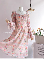 French Floral Ruffled Maxi Dress – Elegant Waist-Cinching Tea Break Dress for Women
