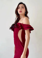 V-Neck Off-Shoulder Bodycon Ruffle Evening Gown – Slimming High-End Party Dress