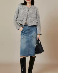 Vintage Tweed Cropped Jacket – Elegant Slim-Fit Petite-Friendly Woven Outerwear