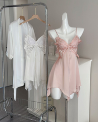 Satin Ice Silk V Neck Butterfly Sleep Dress with Padding Sexy Silky Nightdress