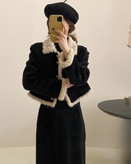 Fleece Lined Tweed Style Two Piece Outfit Slimming Jacket and Skirt Set