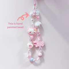 Pink Beaded Phone Lanyard – Cute Cartoon Pendant & Camera Charm