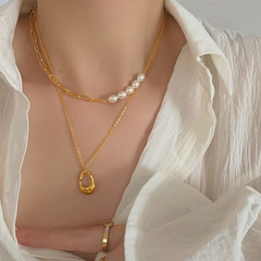 Minimalist Pearl & Plaid Teardrop Pendant Necklace Set