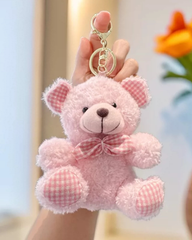 Curly Teddy Bear Plush Keychain with Plaid Bow Tie, Cute Bag Charm Accessory