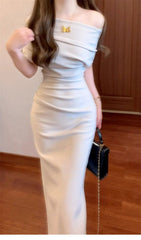 French Cowl Neck Asymmetric Off-Shoulder Ruched Bodycon Dress