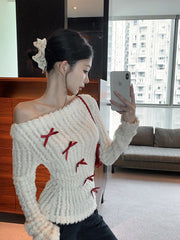 White Off-Shoulder Knit Sweater with Bow – Slim Fit Pullover for Women