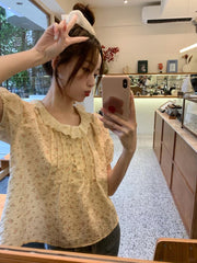 Korean Floral Doll Collar Blouse – Fresh Chiffon Ruffle Top