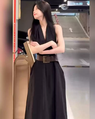 Black Elegant V-Neck Halter Maxi Dress – Sleeveless Slim Fit Luxury Summer Dress for Women