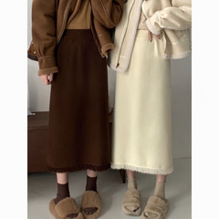 Vintage Knit Tassel Split Skirt | Thickened Mid-Length Wool Skirt for Women