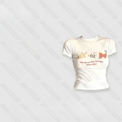 Dopamine Cat Print Cotton T-Shirt for Women – Slim Fit Short Sleeve Sweet Girl Top