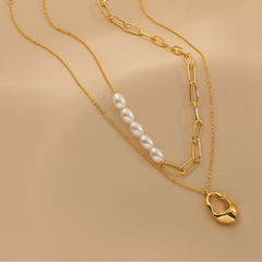 Minimalist Pearl & Plaid Teardrop Pendant Necklace Set