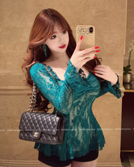Elegant Square Neck Lace Top – Slim Fit Sexy Women’s Autumn Lace Blouse