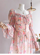 French Floral Ruffled Maxi Dress – Elegant Waist-Cinching Tea Break Dress for Women