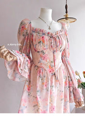 French Floral Ruffled Maxi Dress – Elegant Waist-Cinching Tea Break Dress for Women