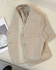 Light Coffee Short Sleeve Cropped Tweed Blazer Elegant Women Top