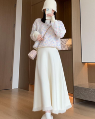 Apricot Knit High Waist A Line Midi Skirt Elastic Waist Flowy Slimming Skirt