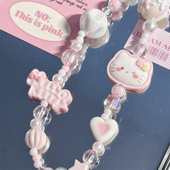 Pink Beaded Phone Lanyard – Cute Cartoon Pendant & Camera Charm