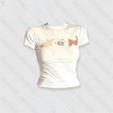 Dopamine Cat Print Cotton T-Shirt for Women – Slim Fit Short Sleeve Sweet Girl Top