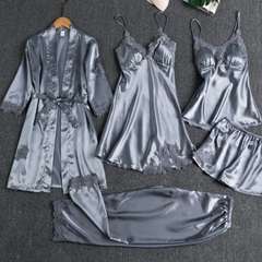 Silk 5-Piece Women's Sleepwear Set with Chest Pads – Camisole Dress, Robe & Loungewear