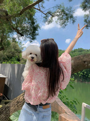 French pink floral loose chiffon summer shirt sun protection clothing