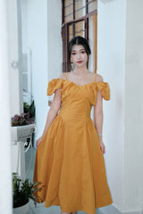 French V-neck puff sleeve mustard off-shoulder long Dress