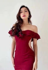 V-Neck Off-Shoulder Bodycon Ruffle Evening Gown – Slimming High-End Party Dress
