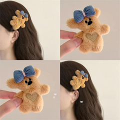 Plush Teddy Bear Bow Hair Clip – Cute Cartoon Duckbill Clip for Girls