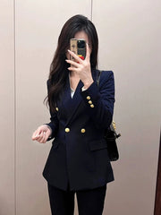 Women’s Navy Blue Blazer Suit Set – Gold Button Old Money Style Officewear