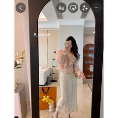 White Lace skirt high-waisted long a-line mid-length skirt