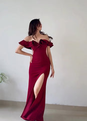 V-Neck Off-Shoulder Bodycon Ruffle Evening Gown – Slimming High-End Party Dress