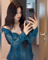 Elegant Square Neck Lace Top – Slim Fit Sexy Women’s Autumn Lace Blouse