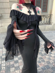 V-Neck Ruffle Long Sleeve Knitted Dress for Women | Slim-Fit Bodycon, Waist-Cinching, Knee-Length