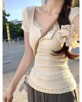 Floral Lace Faux Two-Piece Slim Fit Cropped T-Shirt for Women