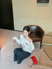 White Off-Shoulder Knit Sweater with Bow – Slim Fit Pullover for Women