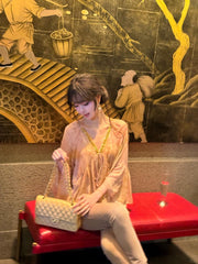 French Sequin V-Neck Chiffon Blouse – Elegant Loose Long Sleeve Statement Shirt for Women