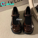 French high-heeled retro leather shoes love pendant one-word buckle Mary Jane shoes