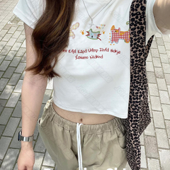 Dopamine Cat Print Cotton T-Shirt for Women – Slim Fit Short Sleeve Sweet Girl Top