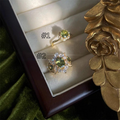 Vintage Olive Green Zircon Ring – Adjustable French Retro Style for Women