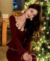 Red Knitted Dress Set for Women