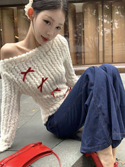 White Off-Shoulder Knit Sweater with Bow – Slim Fit Pullover for Women
