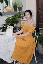 French V-neck puff sleeve mustard off-shoulder long Dress