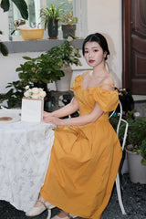 French V-neck puff sleeve mustard off-shoulder long Dress