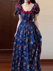 Elegant French Puff Sleeve Floral Maxi Dress – High-End Waist Slim Seaside Holiday Style