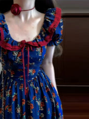 Elegant French Puff Sleeve Floral Maxi Dress – High-End Waist Slim Seaside Holiday Style