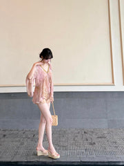 French Sequin V-Neck Chiffon Blouse – Elegant Loose Long Sleeve Statement Shirt for Women