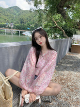 French pink floral loose chiffon summer shirt sun protection clothing