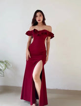 V-Neck Off-Shoulder Bodycon Ruffle Evening Gown – Slimming High-End Party Dress