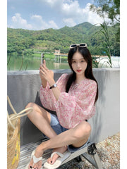 French pink floral loose chiffon summer shirt sun protection clothing