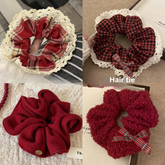 Korean Red Plaid Scrunchie Vintage Hair Tie