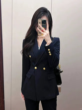 Women’s Navy Blue Blazer Suit Set – Gold Button Old Money Style Officewear